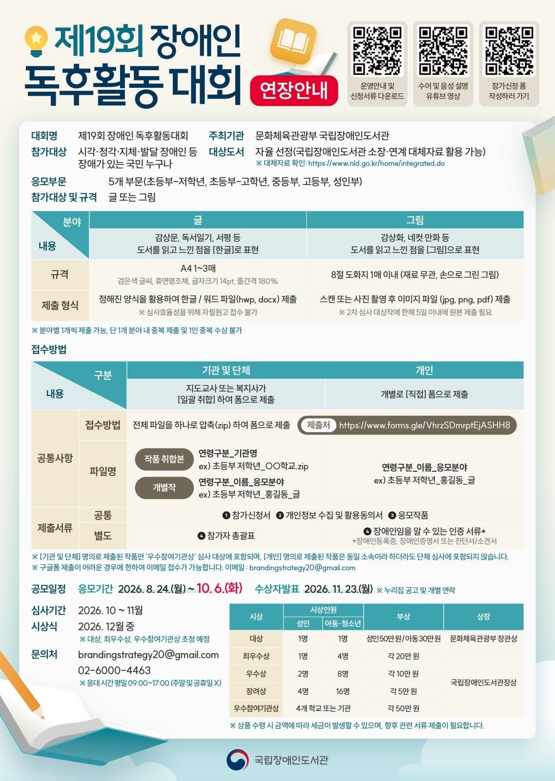 제19회 장애인 독후활동대회(기간연장~10.6.화.)

QR코드 3종: ① 운영안내 및 신청서류 다운로드 ② 수어 및 음성 설명 유튜브 영상 ③ 참가신청 폼 작성하러 가기

개요

대회명: 제19회 장애인 독후활동대회
주최기관: 문화체육관광부 국립장애인도서관
참가대상: 시각·청각·지체·발달 장애인 등 장애가 있는 국민 누구나
대상도서: 자율 선정(국립장애인도서관 소장·연계 대체자료 활용 가능) ※ 대체자료 확인: https://www.nld.go.kr/home/integrated.do
응모부문: 5개 부문(초등부-저학년, 초등부-고학년, 중등부, 고등부, 성인부)
참가대상 및 규격: 글 또는 그림

분야별 안내 (표)

[글]

내용: 감상문, 독서일기, 서평 등 도서를 읽고 느낀 점을 [한글]로 표현
규격: A4 1~3매 (검은색 글씨, 휴면명조체, 글자크기 14pt, 줄간격 180%)
제출 형식: 정해진 양식을 활용하여 한글/워드 파일(hwp, docx) 제출 ※ 심사효율성을 위해 자필원고 접수 불가

[그림]

내용: 감상화, 네컷 만화 등 도서를 읽고 느낀 점을 [그림]으로 표현
규격: 8절 도화지 1매 이내 (재료 무관, 손으로 그린 그림)
제출 형식: 스캔 또는 사진 촬영 후 이미지 파일(jpg, png, pdf) 제출 ※ 2차 심사 대상작에 한해 5일 이내에 원본 제출 필요

※ 분야별 1개씩 제출 가능, 단 1개 분야 내 중복 제출 및 1인 중복 수상 불가

접수방법 (표)

[기관 및 단체]

내용: 지도교사 또는 복지사가 [일괄 취합]하여 폼으로 제출
접수방법: 전체 파일을 하나로 압축(zip)하여 폼으로 제출
파일명(작품 취합본): 연령구분_기관명 / 예) 초등부 저학년_○○학교.zip
파일명(개별작): 연령구분_이름_응모분야 / 예) 초등부 저학년_홍길동_글

[개인]

내용: 개별로 [직접] 폼으로 제출
접수방법: 폼으로 제출
파일명: 연령구분_이름_응모분야 / 예) 초등부 저학년_홍길동_글

제출처: https://www.forms.gle/VhrzSDmrptEjASHH8

제출서류

공통: ① 참가신청서 ② 개인정보 수집 및 활용동의서 ③ 응모작품
별도(기관 및 단체): ④ 참가자 총괄표
별도(개인): ④ 장애인임을 알 수 있는 인증 서류 *장애인등록증, 장애인증명서 또는 진단서/소견서

※ [기관 및 단체] 명의로 제출된 작품만 '우수참여기관상' 심사 대상에 포함되며, [개인] 명의로 제출된 작품은 동일 소속이라 하더라도 단체 심사에 포함되지 않습니다.
※ 구글폼 제출이 어려운 경우에 한하여 이메일 접수가 가능합니다. 이메일: brandingstrategy20@gmail.com

공모일정

응모기간: 2026. 8. 24.(월) ~ 10. 6.(화)
수상자발표: 2026. 11. 23.(월) ※ 누리집 공고 및 개별 연락
심사기간: 2026. 10 ~ 11월
시상식: 2026. 12월 중 ※ 대상, 최우수상, 우수참여기관상 초청 예정

문의처

brandingstrategy20@gmail.com
02-6000-4463
※ 응대 시간 평일 09:00~17:00 (주말 및 공휴일 X)

시상 내역 (표)

대상: 성인 1명, 아동·청소년 1명 / 부상 성인 50만원, 아동 30만원 / 문화체육관광부 장관상
최우수상: 성인 1명, 아동·청소년 4명 / 각 20만 원 / 국립장애인도서관장상
우수상: 성인 2명, 아동·청소년 8명 / 각 10만 원 / 국립장애인도서관장상
장려상: 성인 4명, 아동·청소년 16명 / 각 5만 원 / 국립장애인도서관장상
우수참여기관상: 4개 학교 또는 기관 / 각 50만 원 / 국립장애인도서관장상

※ 상품 수령 시 금액에 따라 세금이 발생할 수 있으며, 향후 관련 서류 제출이 필요합니다.